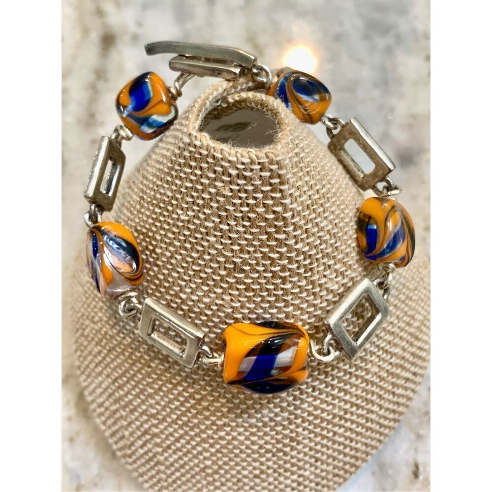 Handmade Glass Orange Blue Glass Bead Bracelet #vintage #handmade
